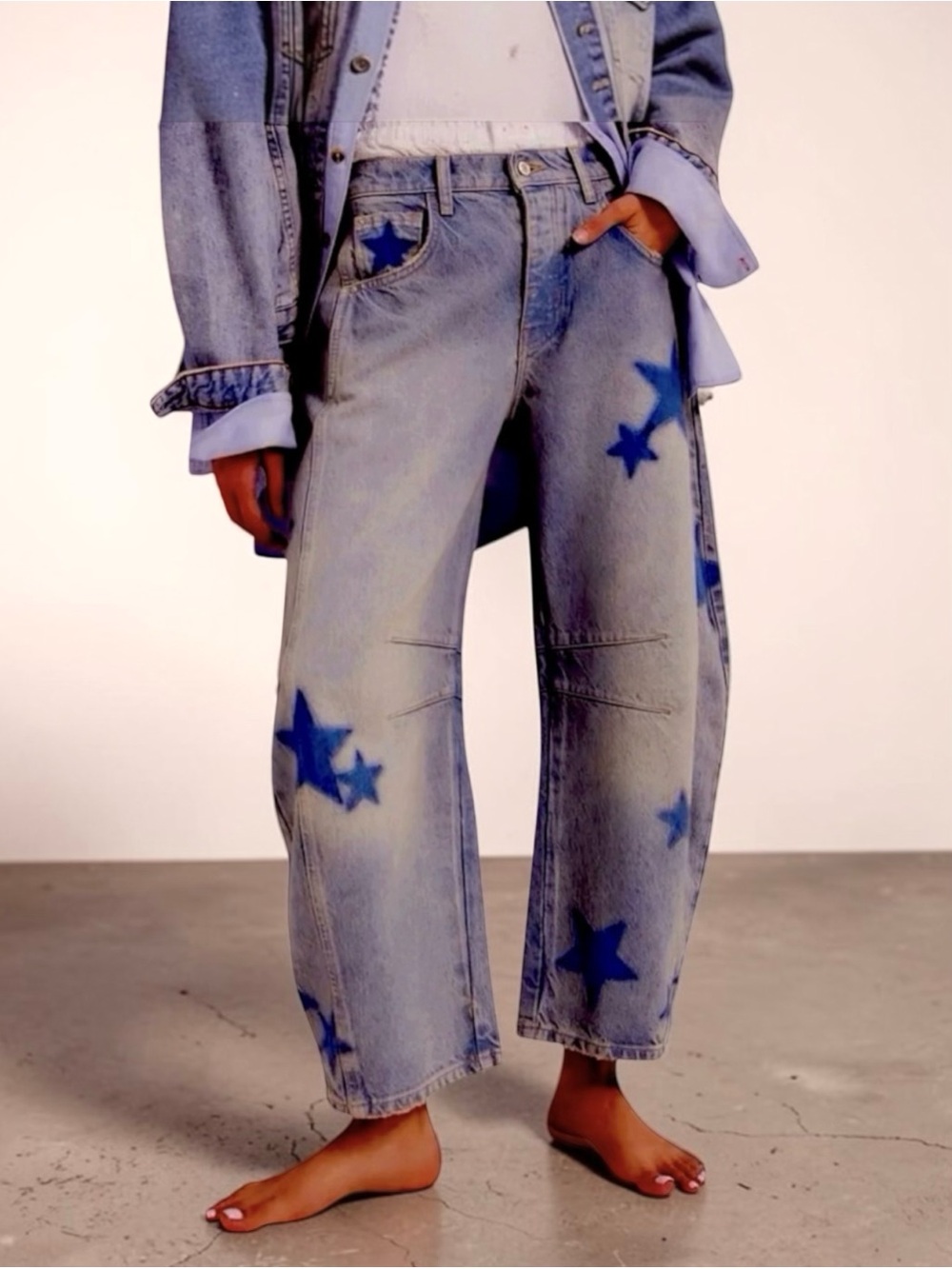 NEW Free People x WTF Good Luck Shadow Patch Barrel Jeans -Dark Wash w/ Stars ⭐️ - Picture 4 of 16